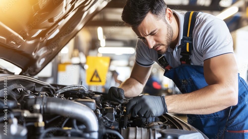 Mechanic inspecting engine with tools scattered around, symbolizing vehicle malfunction and repair process. Mechanic inspecting engine with tools scattered around, symbolizing vehicle malfunction and repair process.