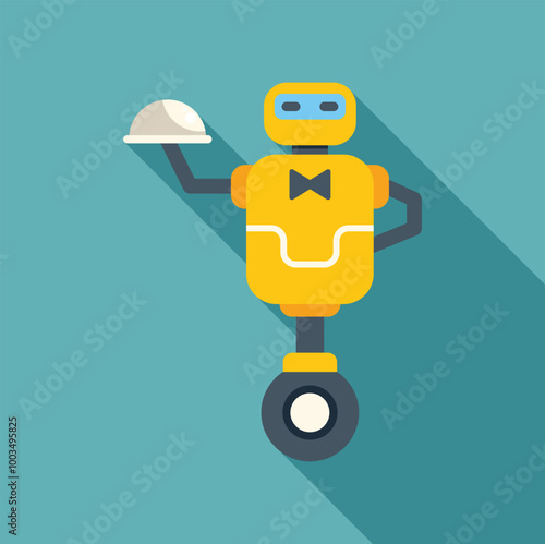 Yellow robot waiter serving food, artificial intelligence concept