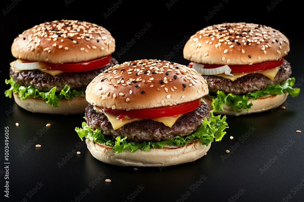 Delicious sesame seed burgers stacked with fresh lettuce, tomato, and cheese on a dark background, perfect for food photography. Delicious sesame seed burgers stacked with fresh lettuce, tomato, and cheese on a dark background, perfect for food photography.