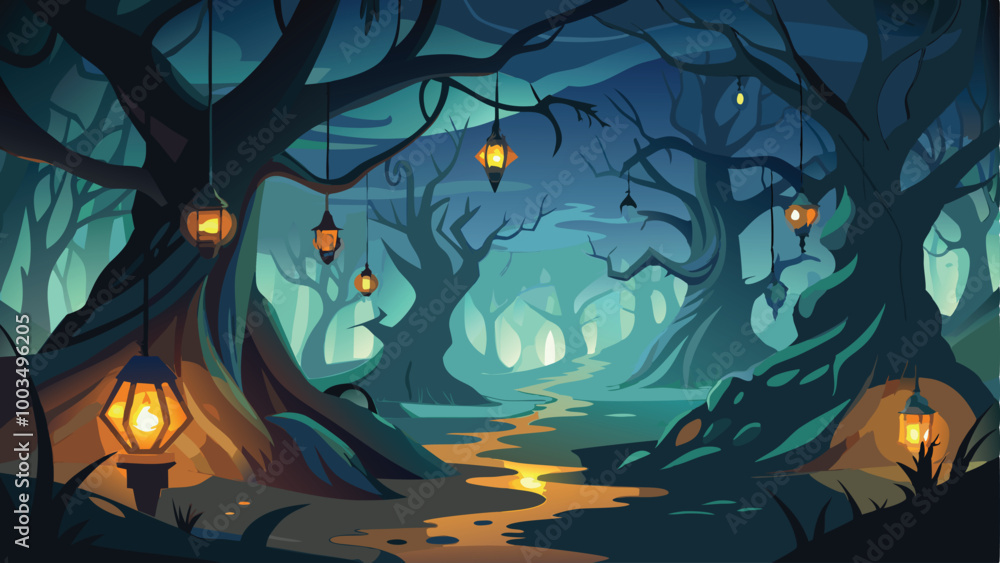Haunted Forest with Glowing Lanterns in the Trees Halloween Background Vector Illustration Haunted Forest with Glowing Lanterns in the Trees Halloween Background Vector Illustration