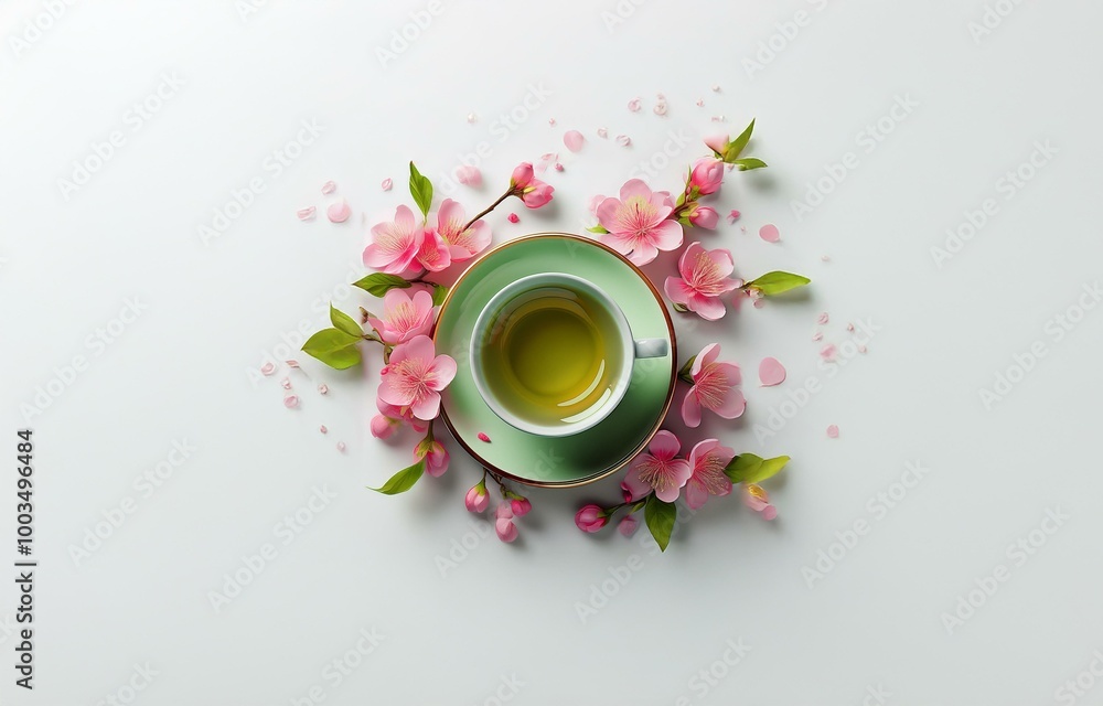 A cup of tea and pink blossoms are arranged on a white surface. A cup of tea and pink blossoms are arranged on a white surface.