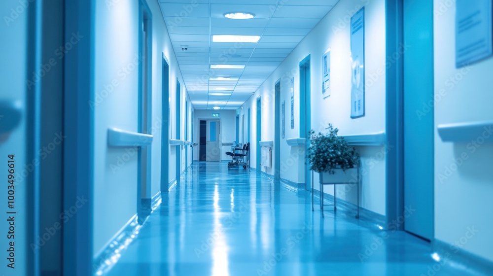 Fototapeta premium A sterile hospital corridor with blue lighting and a plant.
