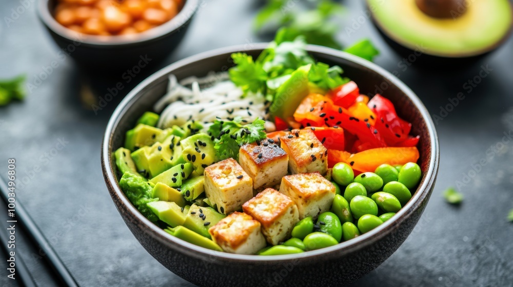 A colorful poke bowl filled with tofu, avocado, and edamame, showcasing a delicious high A colorful poke bowl filled with tofu, avocado, and edamame, showcasing a delicious high
