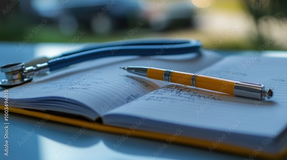 Fototapeta premium A stethoscope and a pen resting on an open notebook, suggesting medical or academic work.