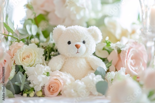 A cute teddy bear surrounded by pastel flowers, perfect for capturing moments of joy and innocence in a soft, romantic setting. photo