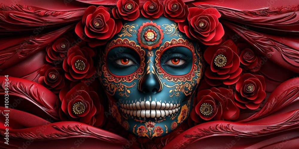 Naklejka premium Colorful sugar skulls, intricate floral patterns, 3D illustration