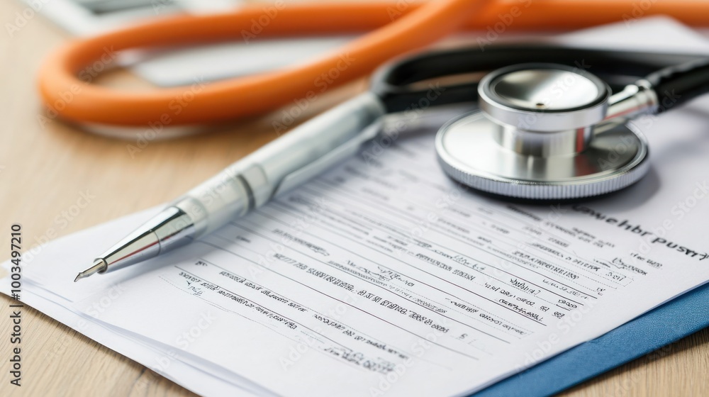 A stethoscope and pen on medical forms, suggesting a healthcare setting. A stethoscope and pen on medical forms, suggesting a healthcare setting.