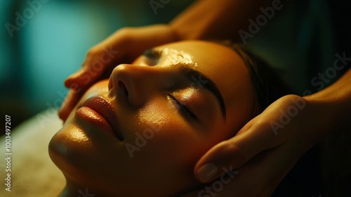 Serene Facial Massage in Warm Ambient Light with Natural Shadows and Soft Focus