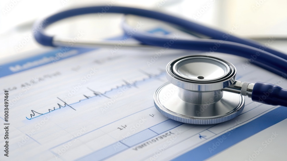 A stethoscope on a medical chart with an ECG waveform. A stethoscope on a medical chart with an ECG waveform.