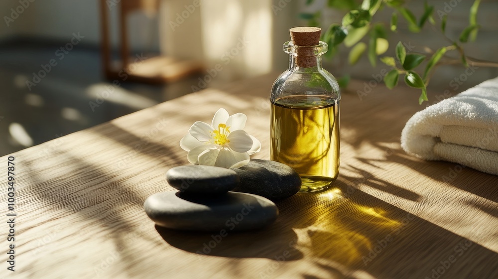 Tranquil Spa Setting with Aromatic Oils and Massage Stones under Natural Light Tranquil Spa Setting with Aromatic Oils and Massage Stones under Natural Light