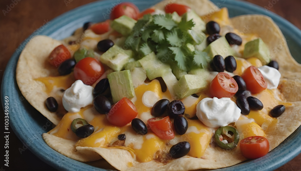 loaded nachos with peppers, cheese, black beans, sour cream and onions loaded nachos with peppers, cheese, black beans, sour cream and onions