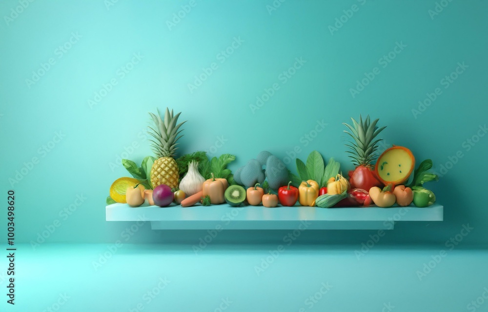 A variety of fruits and vegetables are arranged on a shelf against a blue background. A variety of fruits and vegetables are arranged on a shelf against a blue background.