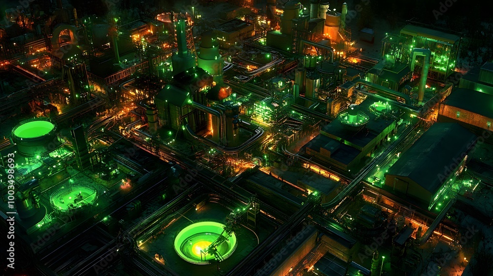 Obraz premium Industrial Complex at Night Green Lights Aerial View