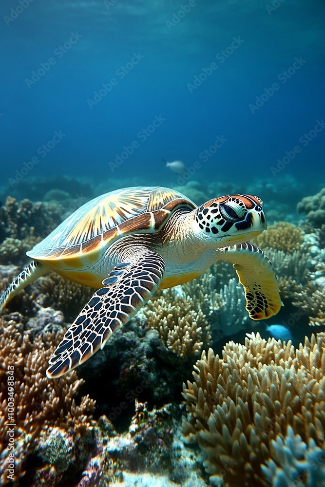 A green sea turtle swims gracefully through a vibrant coral reef, showcasing the beauty of underwater life. A green sea turtle swims gracefully through a vibrant coral reef, showcasing the beauty of underwater life.
