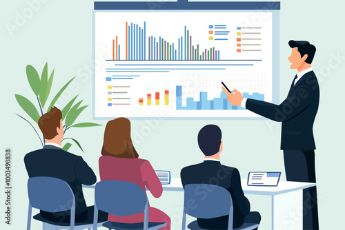 business people listening to a presentation in a conference room, corporate training vector illustration