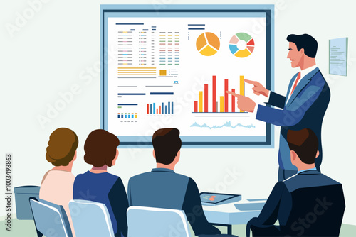 business people listening to a presentation in a conference room, corporate training vector illustration