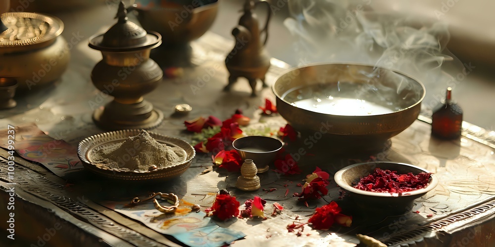 A serene arrangement of ritual items with flowers, incense, and offerings for a spiritual ceremony.