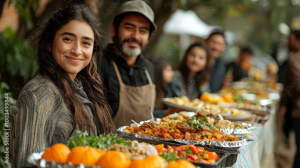 A joyful gathering with people serving a variety of delicious food at an outdoor event. A joyful gathering with people serving a variety of delicious food at an outdoor event.