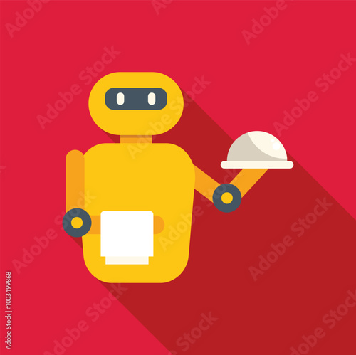 Yellow robot working as a waiter holding a tray with a cloche and a napkin, in flat design