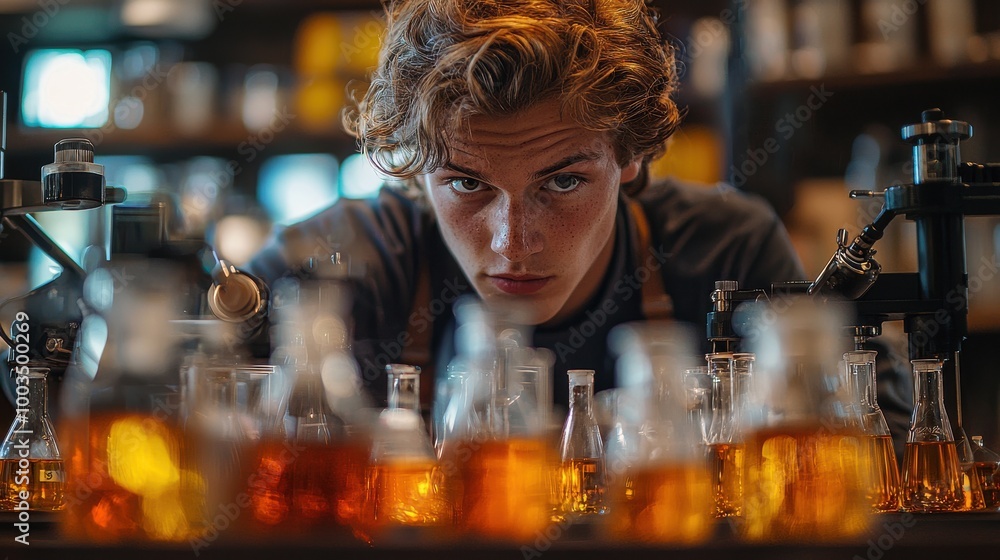A young scientist works intently on a chemistry experiment in a lab filled with glassware and vibrant liquids during the afternoon A young scientist works intently on a chemistry experiment in a lab filled with glassware and vibrant liquids during the afternoon