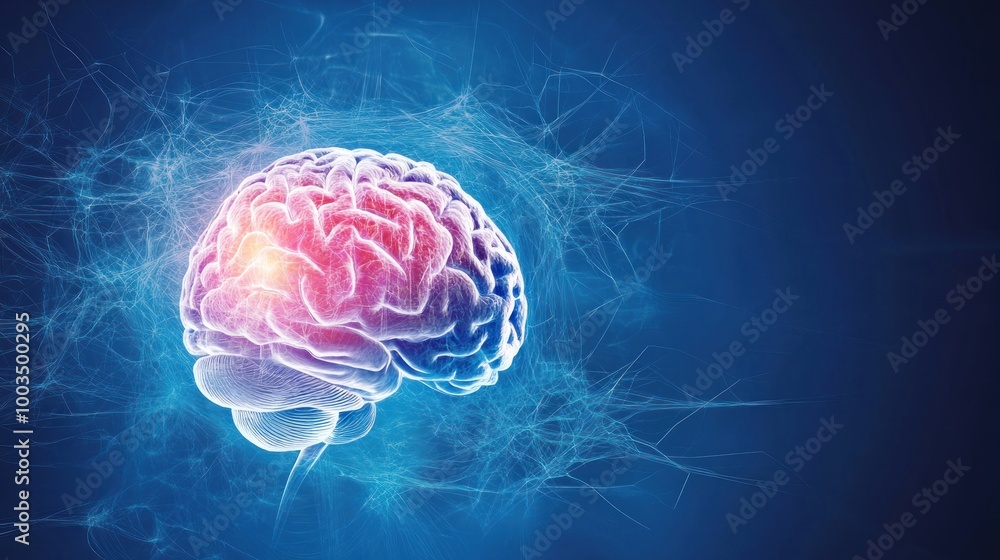A stylized illustration of a brain with glowing effects on a blue background. A stylized illustration of a brain with glowing effects on a blue background.