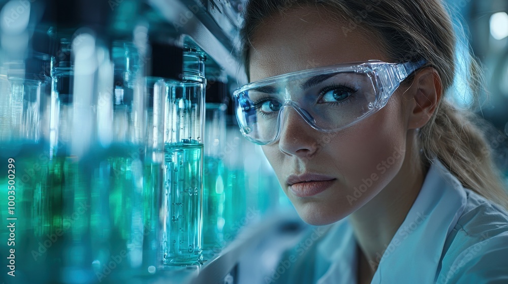 A scientist examines laboratory glassware filled with vibrant liquids in a research facility during the day A scientist examines laboratory glassware filled with vibrant liquids in a research facility during the day