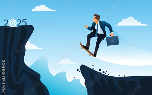 Businessman riding skateboard  jump to 2025 years over the gap of hill . Happy new year.