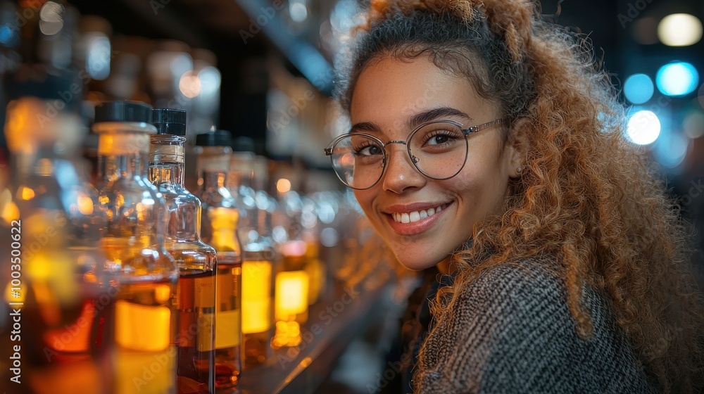 Young woman with curly hair smiles while standing in front of a shelf filled with various bottles in a warmly lit bar at night Young woman with curly hair smiles while standing in front of a shelf filled with various bottles in a warmly lit bar at night