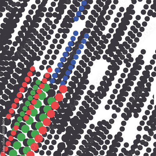 Large dots or circles form distant lines. The focus of the composition is on the colored details.