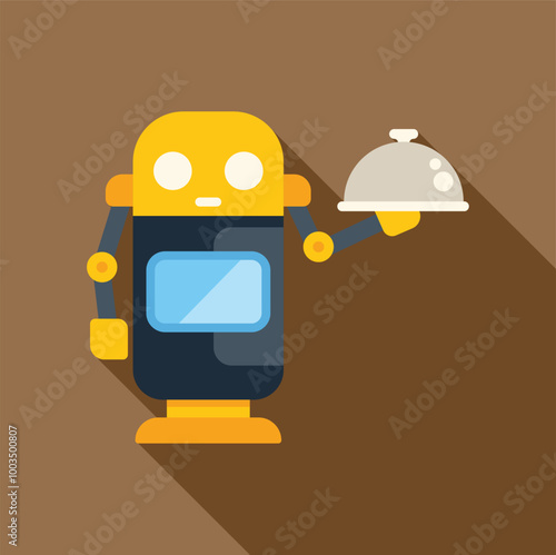 Illustration of a friendly robot waiter holding a silver dome platter