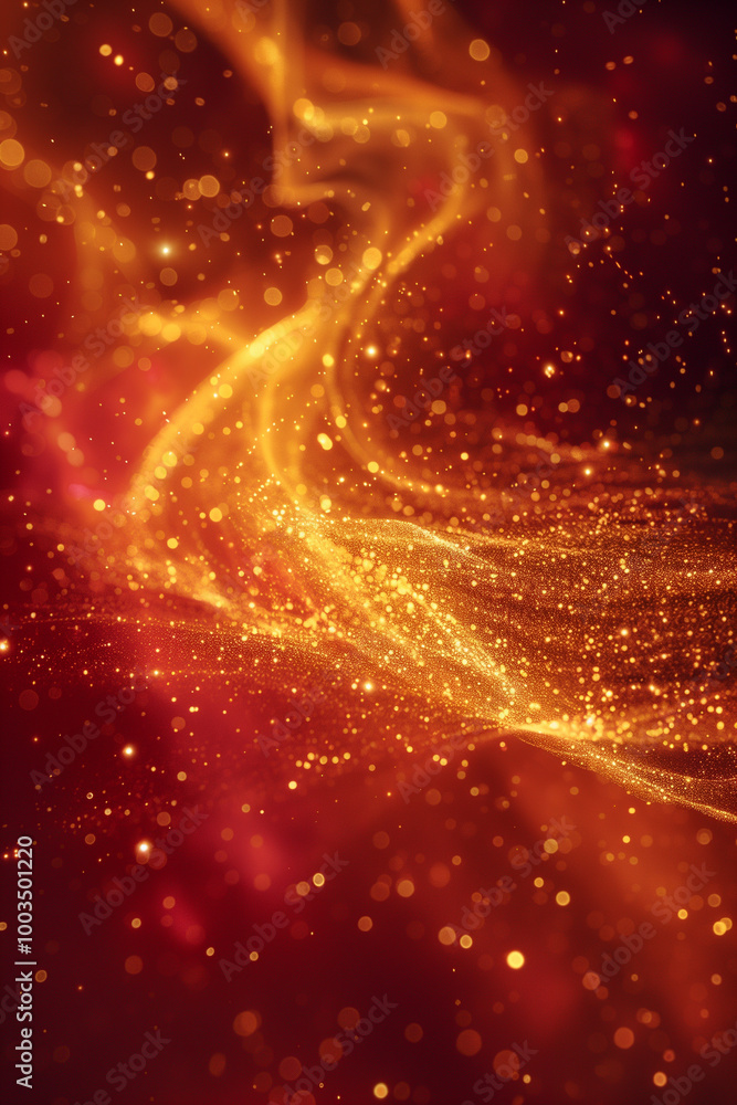 Fototapeta premium Magical golden particles in vivid red fluid creating an enchanting scene