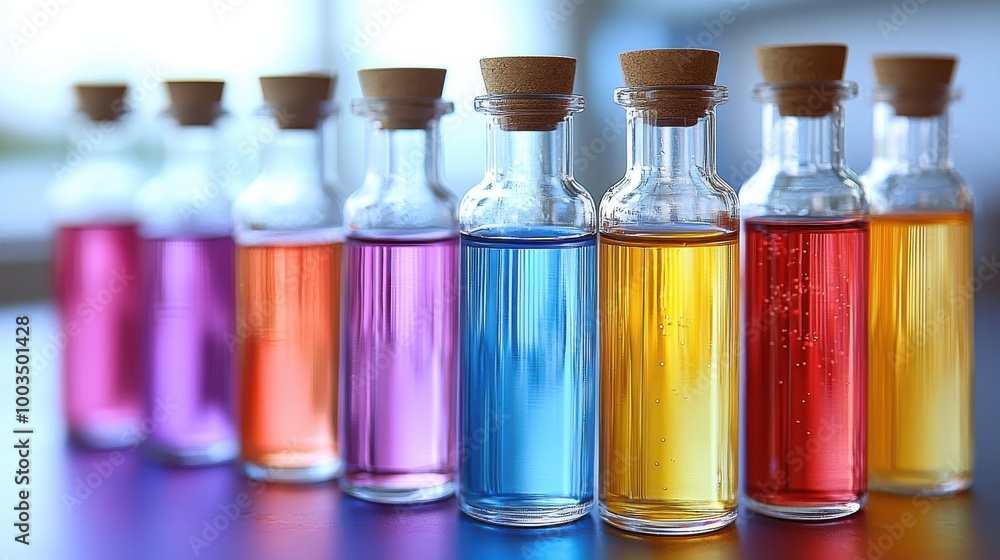 Colorful glass bottles filled with vibrant liquids arranged on a table during daylight, showcasing various hues and textures Colorful glass bottles filled with vibrant liquids arranged on a table during daylight, showcasing various hues and textures