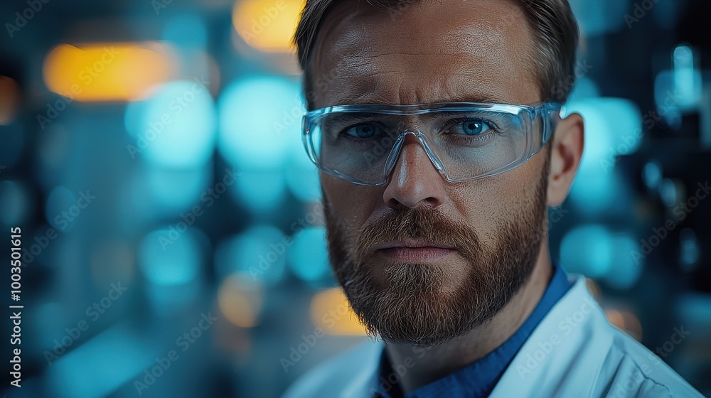 A scientist in a lab coat wearing protective glasses focuses intently on research in a modern laboratory filled with equipment at night A scientist in a lab coat wearing protective glasses focuses intently on research in a modern laboratory filled with equipment at night