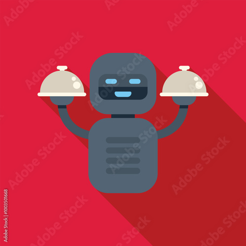Friendly robot waiter holding two covered silver restaurant dishes, concept for robotic automation in the food industry