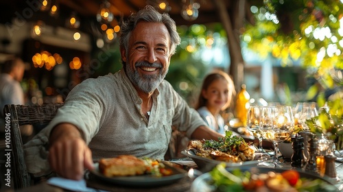 A joyful man shares a meal with a girl, surrounded by delicious dishes and a warm atmosphere.