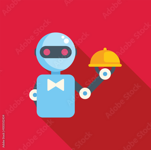 Robot waiter wearing a bow tie holding a cloche platter serving food in a restaurant