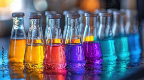 Colorful laboratory vials filled with various liquids arranged neatly on a table in a science lab during daylight