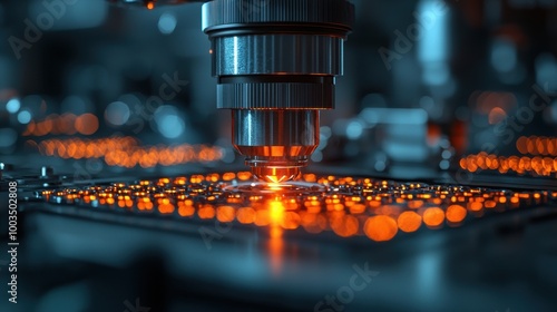 Microscope highlighting intricate circuitry in a high-tech laboratory during a late-night research session