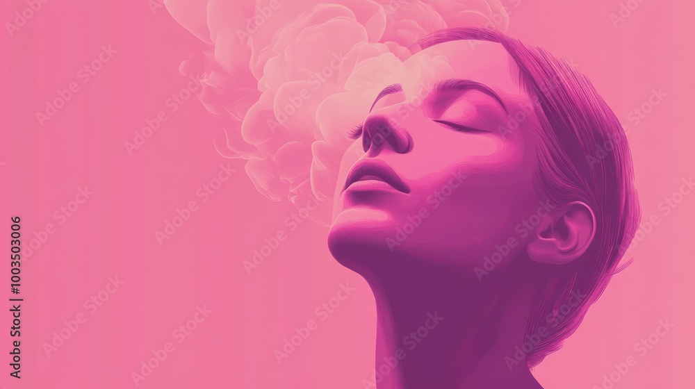 A stylized portrait of a serene woman with pink tones and ethereal smoke. A stylized portrait of a serene woman with pink tones and ethereal smoke.