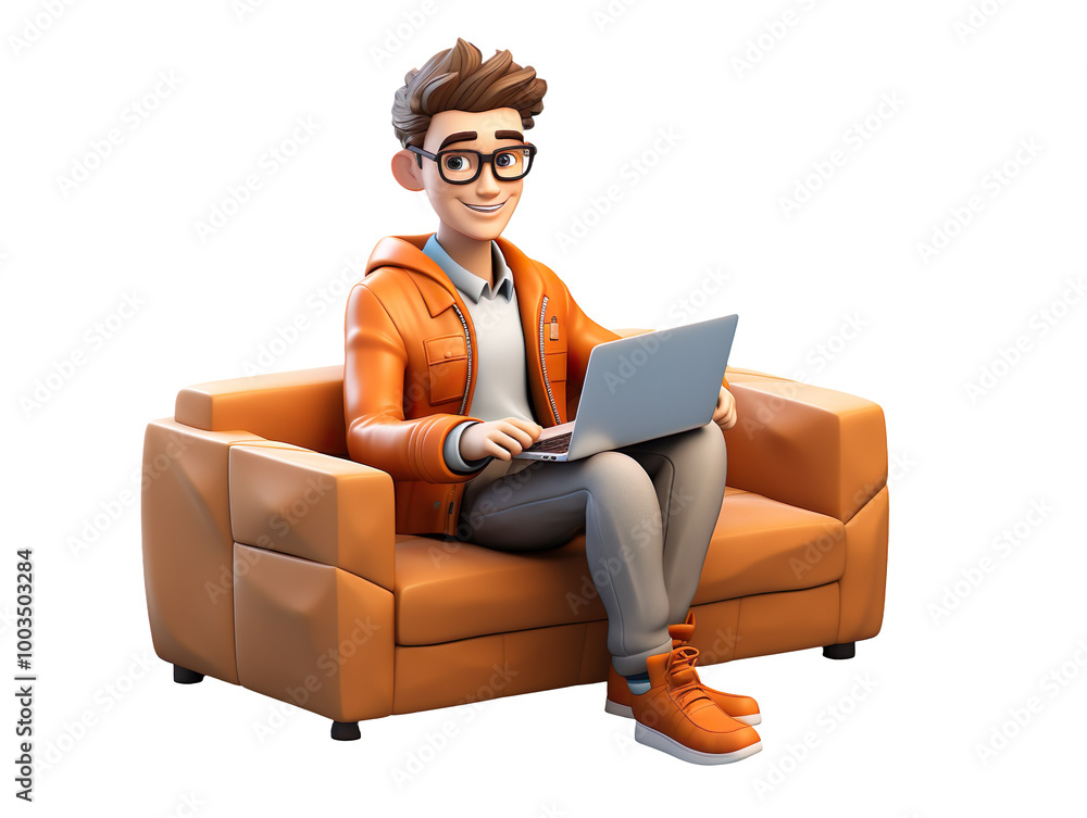 3d male character sitting on a sofa and working on a laptop isolated on transparent background 3d male character sitting on a sofa and working on a laptop isolated on transparent background