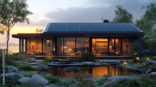 Modern house with solar panels by a tranquil pond at sunset.