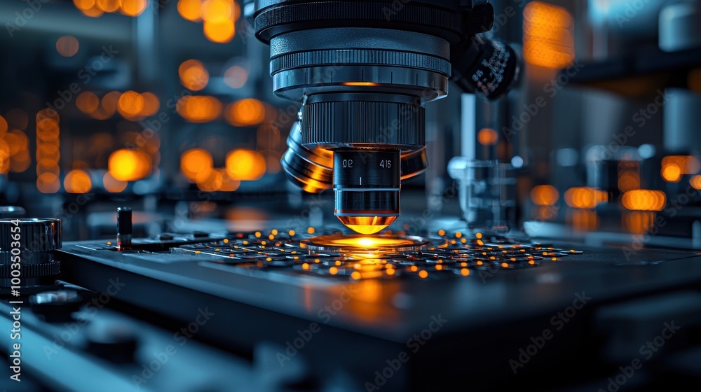 High-tech microscope examining intricate circuit board details in a dimly lit laboratory during late evening hours High-tech microscope examining intricate circuit board details in a dimly lit laboratory during late evening hours