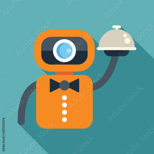 Cartoon robot waiter wearing a bow tie holding a silver platter serving food