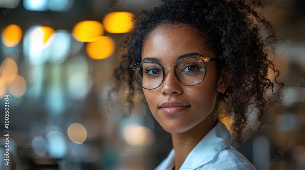 Young woman with curly hair and glasses smiling confidently in warm-toned café during daytime Young woman with curly hair and glasses smiling confidently in warm-toned café during daytime