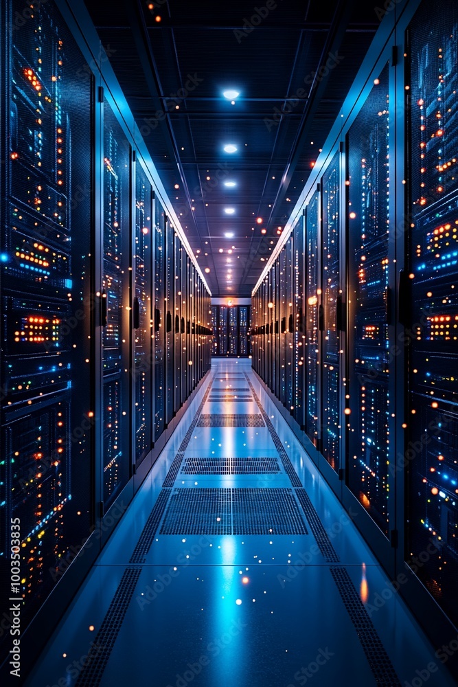 A long hallway in a server room with rows of server racks on both sides, illuminated by bright lights. A long hallway in a server room with rows of server racks on both sides, illuminated by bright lights.