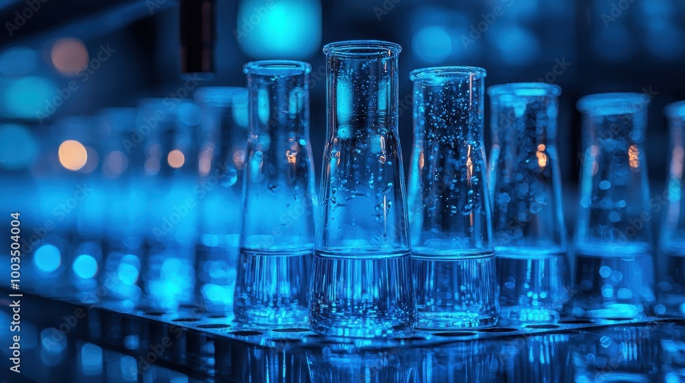 Bubbling laboratory glassware illuminated with soft blue lighting showcases an experiment in a modern research facility Bubbling laboratory glassware illuminated with soft blue lighting showcases an experiment in a modern research facility