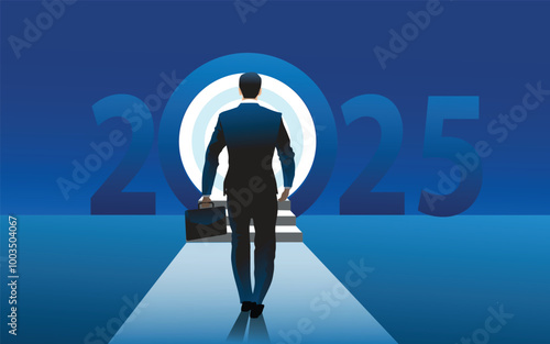 Rear view of businessman carrying a briefcase while walking on the stairway toward 2025 new year numbers.