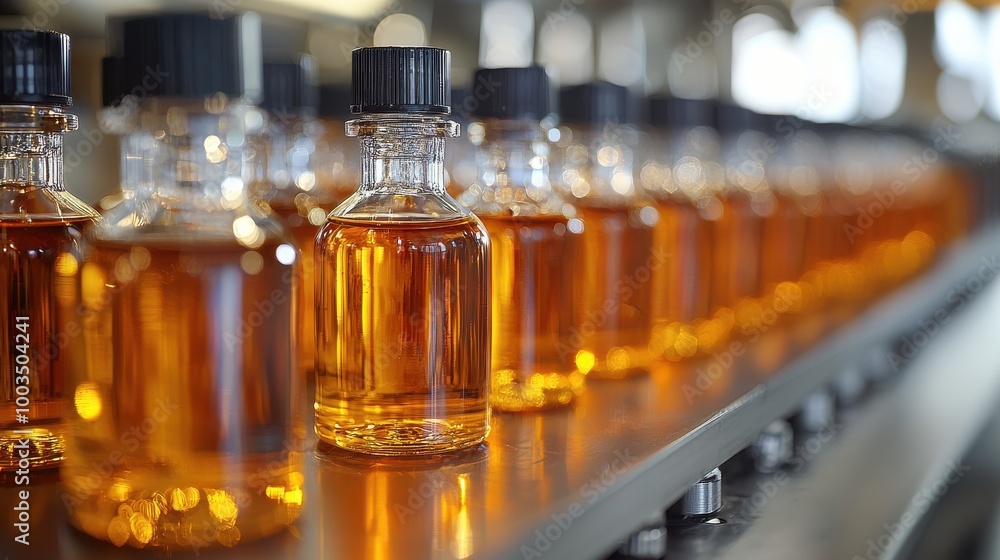 Bottles of amber liquid on a production line showcasing the manufacturing process at a distillery Bottles of amber liquid on a production line showcasing the manufacturing process at a distillery