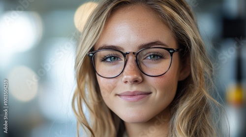 A young woman with glasses smiling warmly in a brightly lit indoor environment during the day