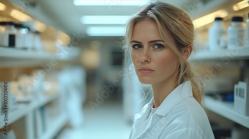 Free Download A scientist in a laboratory focused on research, surrounded by shelves of equipment and materials in a bright, modern facility - GFXLoad
